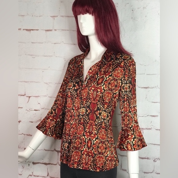 ESSENTIALS By MILANO Pleated S 3/4 Bell Sleeve Rust Cream Black Print Blouse - Picture 9 of 13